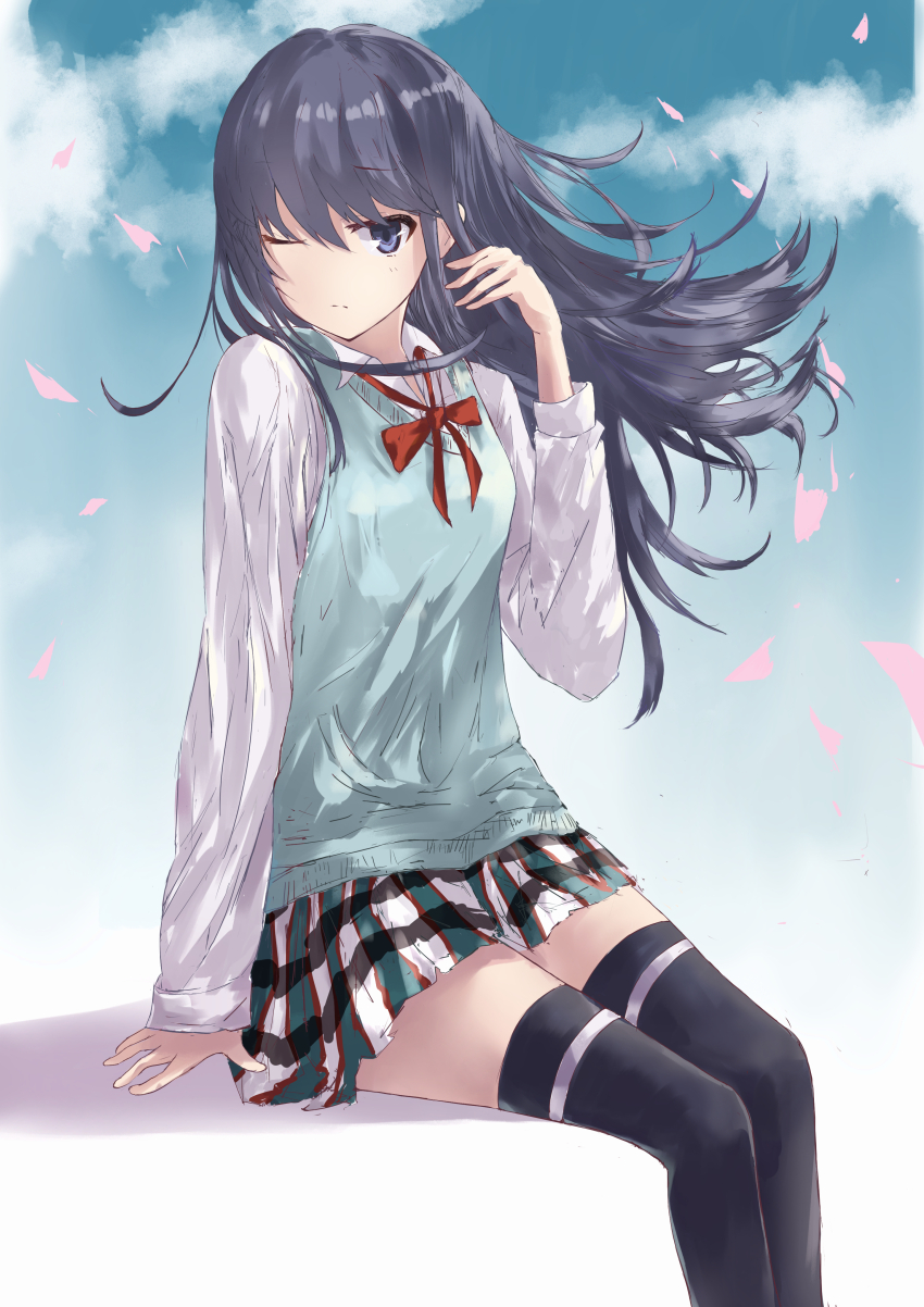 1girl absurdres black_hair black_thighhighs blue_eyes blue_sweater_vest collared_shirt commentary falling_petals feet_out_of_frame fleur_(fleur26192188) floating_hair hand_up highres long_hair long_sleeves neck_ribbon one_eye_closed petals plaid_clothes plaid_skirt pleated_skirt red_ribbon ribbon school_uniform shirt sitting skirt sky sobu_high_school_uniform solo summer_uniform sweater_vest thighhighs white_shirt wince wind yahari_ore_no_seishun_lovecome_wa_machigatteiru. yukinoshita_yukino zettai_ryouiki