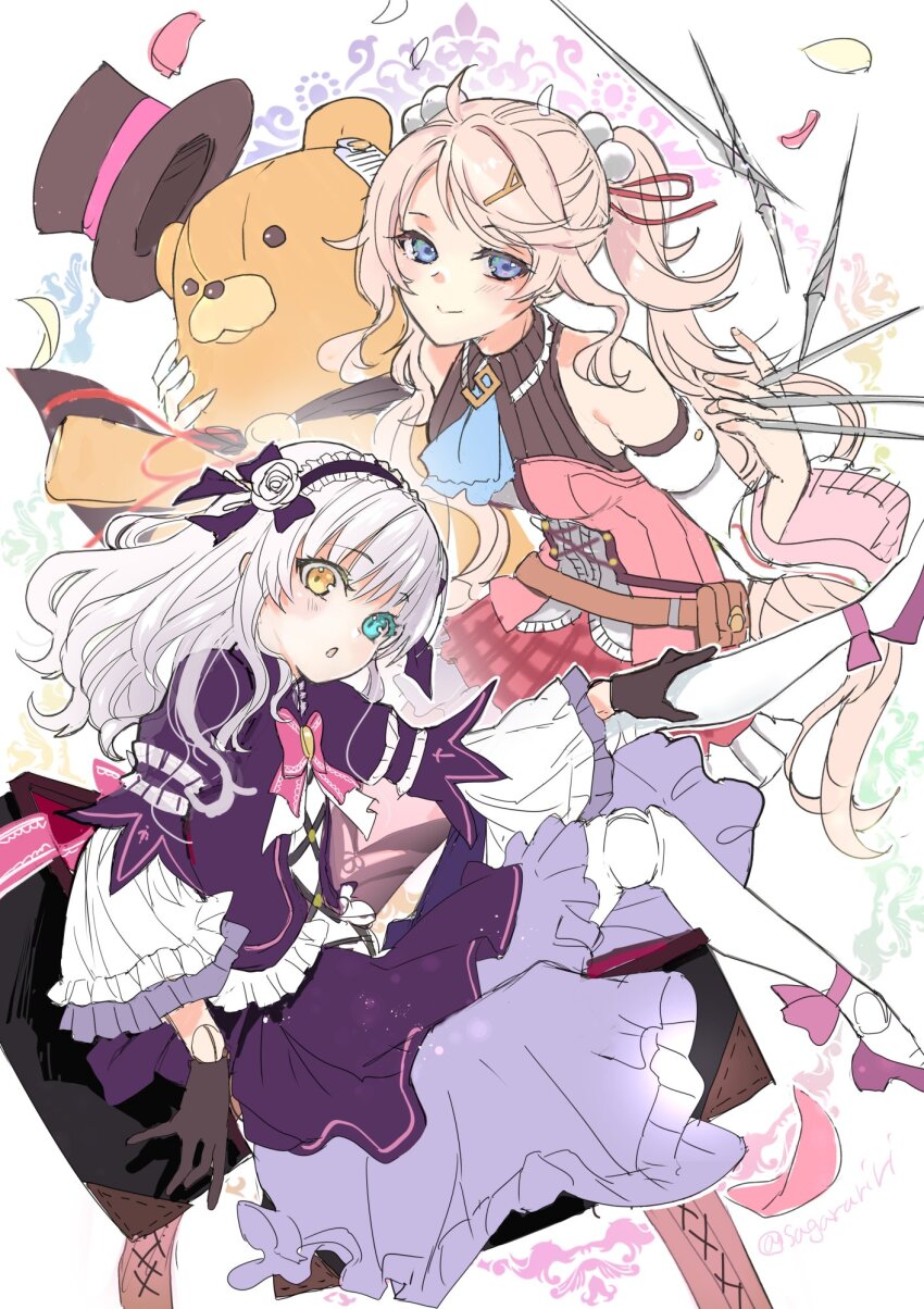 2girls :o black_gloves black_hat blue_eyes commentary doll doll_joints dress eiyuu_densetsu frilled_dress frilled_hairband frills gloves hair_ribbon hairband hajimari_no_kiseki hat heterochromia highres holding holding_sewing_needle holding_weapon joints lapis_rosenberg lolita_fashion lolita_hairband long_hair multiple_girls nadia_rayne needle pink_hair purple_dress raised_eyebrows red_ribbon ribbon sagara_riri sewing_needle stuffed_animal stuffed_toy teddy_bear top_hat twintails weapon white_background white_hair