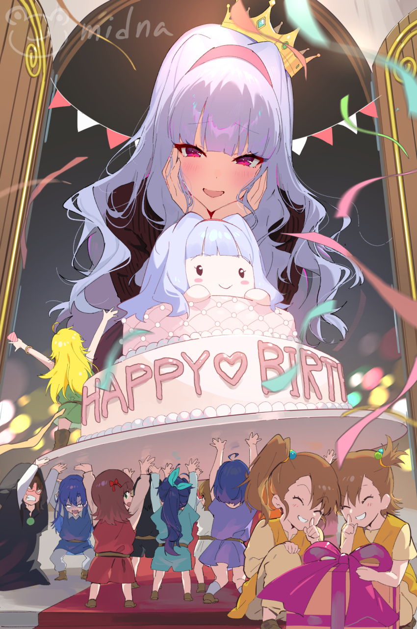 6+girls ahoge akizuki_ritsuko amami_haruka aqua_tunic belt birthday_cake black_hair black_robe black_sweater black_tunic blonde_hair blue_hair blue_tunic blunt_bangs blurry blurry_background blurry_foreground bracelet brown_belt brown_hair cake carrying confetti crown deformed dot_nose eyelashes finger_to_mouth flipped_hair food futami_ami futami_mami ganaha_hibiki gift gold_crown green_eyes green_tunic hagiwara_yukiho hair_bobbles hair_intakes hair_ornament hair_ribbon hairband hands_on_own_cheeks hands_on_own_face happy_birthday highres hoshii_miki idolmaster idolmaster_(classic) idolmaster_million_live! idolmaster_million_live!_theater_days jewelry kikuchi_makoto kisaragi_chihaya light_blush long_hair long_sleeves medium_hair messy_hair midnamana minase_iori mini_person minigirl miura_azusa multiple_girls open_door open_mouth orange_tunic party_popper pink_tunic purple_eyes red_carpet red_hairband red_tunic ribbon robe shijou_takane short_hair shushing side_ponytail signature smile stairs string_of_flags sweater takatsuki_yayoi tunic turn_pale very_long_hair wavy_hair white_hair white_tunic yellow_tunic