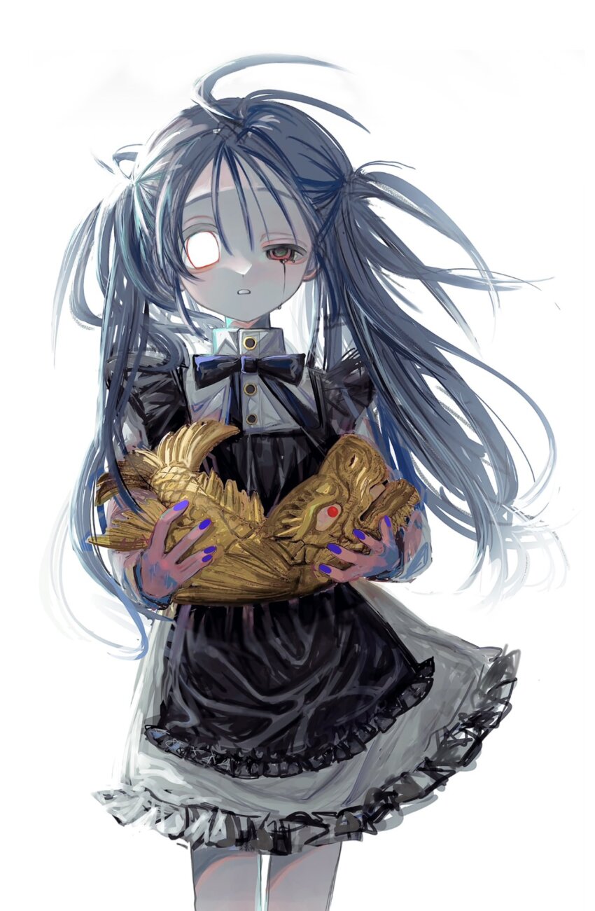 1girl ahoge apron bad_id bad_twitter_id black_apron black_eyes black_ribbon blue_nails chiwen dress empty_eyes frilled_apron frilled_dress frills grey_hair half-closed_eye heterochromia highres holding iniooooo long_hair long_sleeves looking_at_viewer nail_polish neck_ribbon original ribbon simple_background solo standing two_side_up uneven_eyes white_background white_eyes