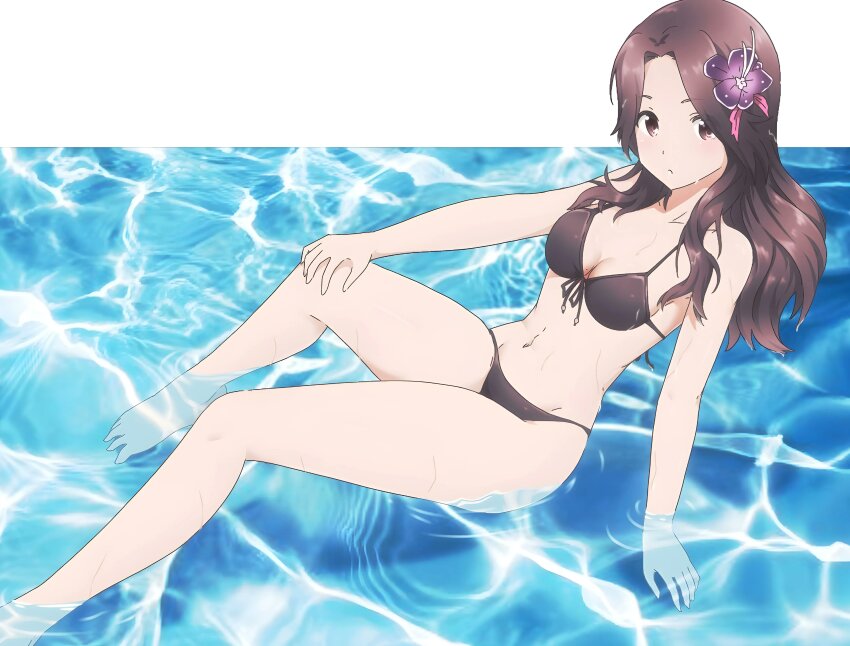 1girl 22/7 absurdres barefoot bikini black_bikini black_hair closed_mouth dutch_angle flower foot_out_of_frame from_above gabrieltenma77 grey_eyes hair_flower hair_ornament halterneck highres long_hair looking_at_viewer navel orihara_sumika parted_bangs partially_submerged purple_flower solo string_bikini swimsuit