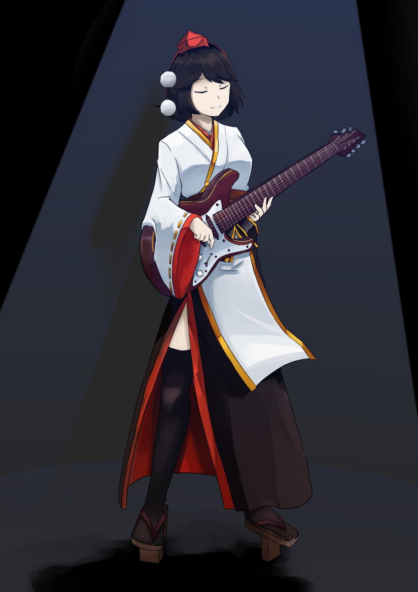 1girl absurdres black_hair black_kimono black_thighhighs breasts brown_footwear closed_eyes closed_mouth electric_guitar fender_stratocaster full_body geta guitar happy hat highres holding holding_guitar holding_instrument instrument japanese_clothes kimono kourindou_tengu_costume long_sleeves muzilana pelvic_curtain pom_pom_(clothes) red_hat red_kimono shameimaru_aya short_hair small_breasts smile solo standing tengu-geta thighhighs tokin_hat touhou white_kimono wide_sleeves