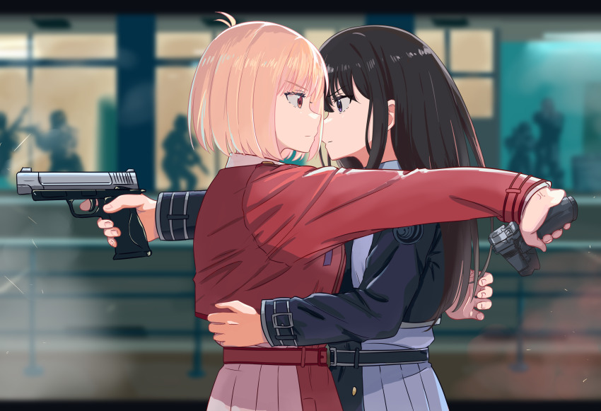 2girls 5others absurdres black_hair blonde_hair blue_dress blurry blurry_background chai_haru closed_mouth commentary_request dress eye_contact firing gangsta_hold gun hand_on_another&#039;s_waist handgun highres holding holding_gun holding_weapon hug inoue_takina long_hair long_sleeves looking_at_another lycoris_recoil lycoris_uniform m1911 medium_hair multiple_girls multiple_others nishikigi_chisato purple_eyes railing red_dress red_eyes s&amp;w_m&amp;p weapon yuri