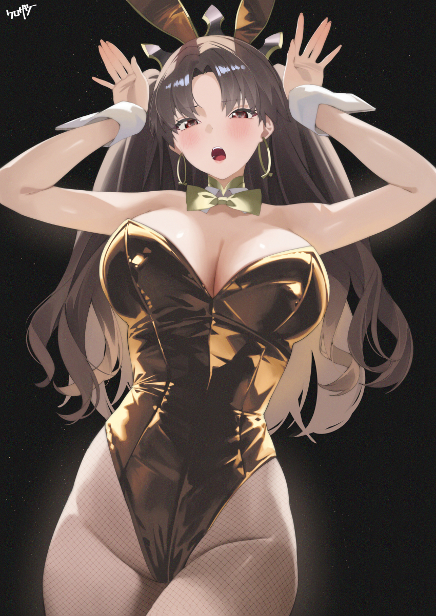 1girl absurdres animal_ears bare_shoulders black_hair black_leotard blush bow bowtie breasts cleavage detached_collar earrings fake_animal_ears fate/grand_order fate_(series) fishnet_pantyhose fishnets hair_ribbon highleg highleg_leotard highres hoop_earrings ishtar_(fate) jewelry kurozawa_yui large_breasts leotard long_hair looking_at_viewer open_mouth pantyhose parted_bangs playboy_bunny rabbit_ears red_eyes ribbon solo tiara two_side_up wrist_cuffs