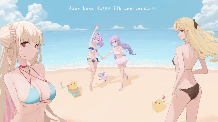 &gt;_&lt; 4girls absurdres alternate_costume aqua_bikini arm_up arms_under_breasts ass azur_lane beach bikini black_bikini blonde_hair blue_bikini blue_eyes blue_sky braid braided_bun breasts choker cleavage cloud commentary_request copyright_name criss-cross_halter day double_bun english_text formidable_(azur_lane) formidable_(the_lady_of_the_beach)_(azur_lane) frilled_bikini frills from_behind hair_between_eyes hair_bun hair_ornament halterneck highres holding_hands javelin_(azur_lane) javelin_(beach_picnic!)_(azur_lane) long_hair looking_at_viewer looking_back manjuu_(azur_lane) midriff multi-strapped_bikini_top multiple_girls o-ring o-ring_bikini ocean official_alternate_costume outdoors pink_choker purple_hair red_eyes sand skirt sky small_breasts summer swimsuit twintails unicorn_(azur_lane) upper_body vanguard_(azur_lane) very_long_hair water white_skirt yanagi_(yuki87g)