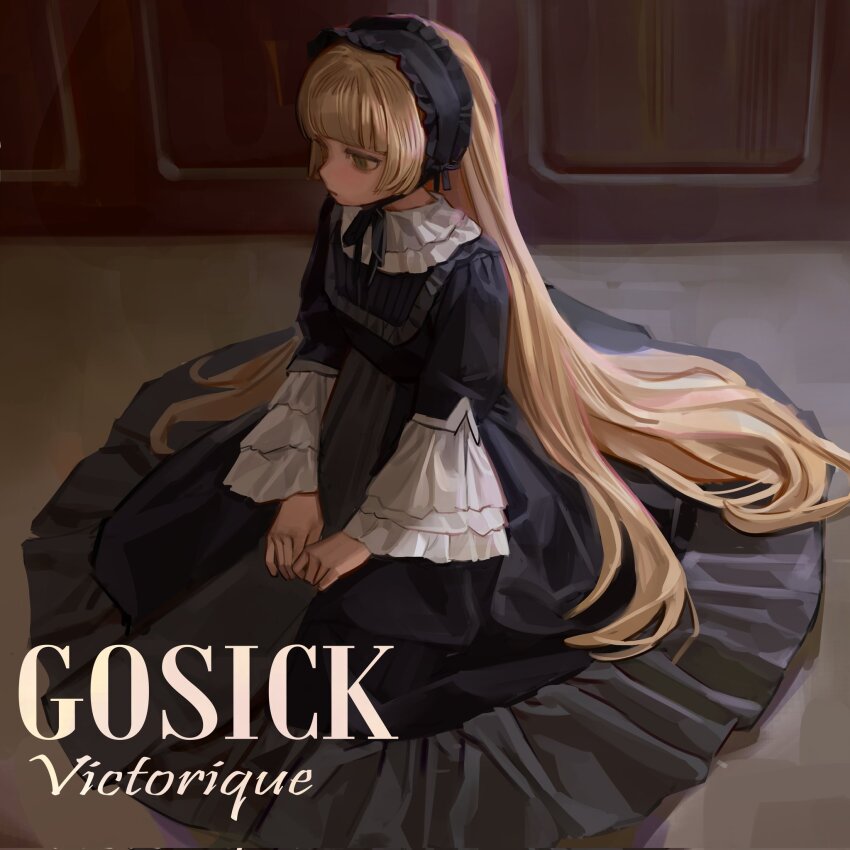 1girl black_dress black_hairband blonde_hair blunt_bangs character_name commentary copyright_name dress english_commentary expressionless frills gosick gothic_lolita green_eyes hair_spread_out hairband highres hime_cut kofi-mo lolita_fashion lolita_hairband long_hair ribbon sitting solo very_long_hair victorica_de_blois wide_sleeves