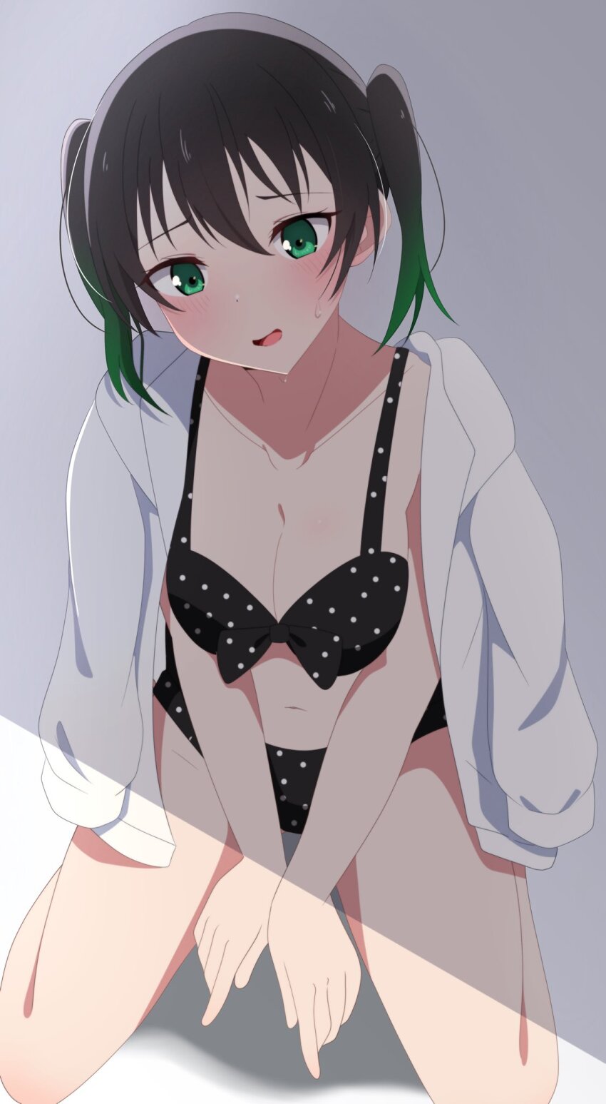 #yukitannpo 1girl :d black_hair black_one-piece_swimsuit blush breasts cleavage clothing_cutout collarbone commentary_request full_body gradient_hair green_eyes green_hair grey_background hair_between_eyes highres jacket jacket_on_shoulders long_sleeves love_live! love_live!_nijigasaki_high_school_idol_club medium_breasts medium_hair multicolored_hair navel nervous_smile official_alternate_costume one-piece_swimsuit open_mouth polka_dot_one-piece_swimsuit shadow sitting smile solo stomach stomach_cutout sweatdrop swimsuit takasaki_yu twintails two-tone_hair wariza white_jacket