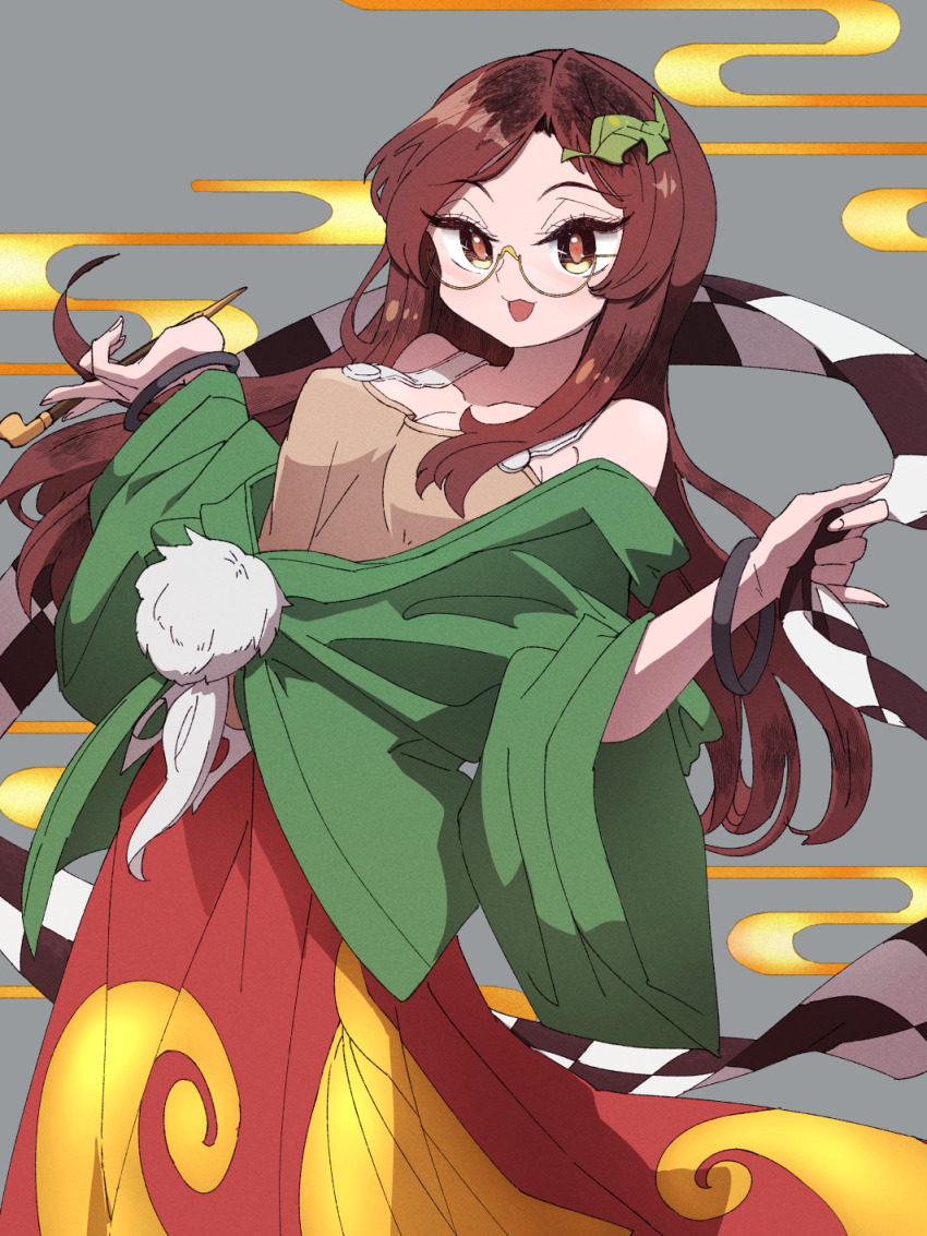 1girl :d breasts brown_eyes brown_hair checkered_clothes checkered_scarf futatsuiwa_mamizou glasses highres holding holding_smoking_pipe japanese_clothes leaf leaf_on_head long_hair medium_breasts open_mouth ryouryou scarf shirt skirt smile smoking_pipe solo touhou