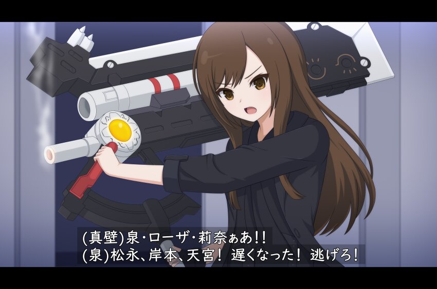 1girl absurdres assault_lily black_gloves black_jacket black_shirt blurry blurry_background brown_eyes brown_hair commentary_request dual_wielding fake_screenshot fingerless_gloves gloves gun hand_up haniwa_(kiminozorazio) highres holding holding_gun holding_weapon indoors izumi_rosa_rina jacket letterboxed long_hair long_sleeves looking_at_viewer open_clothes open_jacket open_mouth over_shoulder shirt sidelocks single_fingerless_glove smoke smoking_barrel solo standing subtitled translation_request upper_body v-shaped_eyebrows weapon weapon_over_shoulder