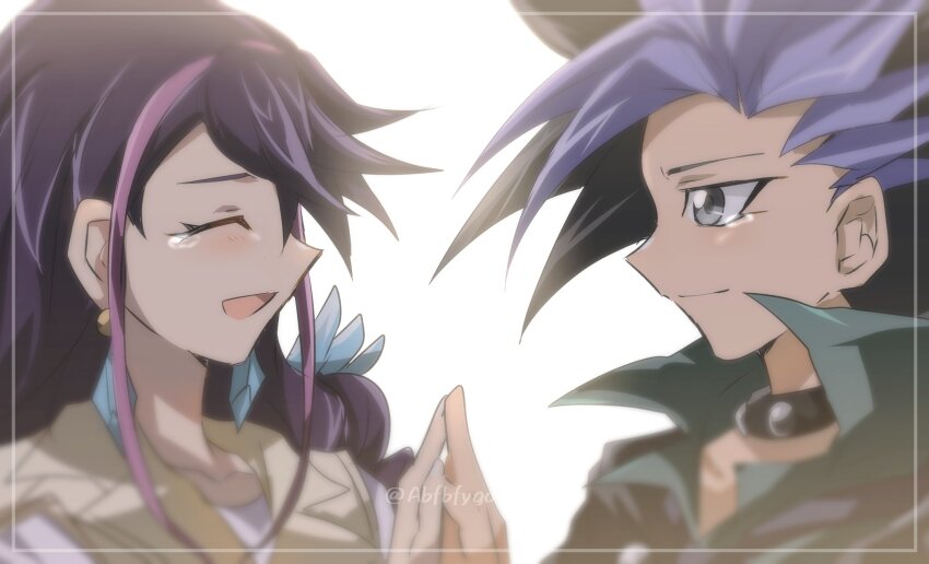 1boy 1girl abfbfygo black_hair black_jacket closed_eyes grey_eyes highres holding_hands jacket kurosaki_ruri looking_at_another multicolored_hair purple_hair simple_background smile tears two-tone_hair upper_body ute_(yu-gi-oh!) vest white_background yellow_vest yu-gi-oh! yu-gi-oh!_arc-v