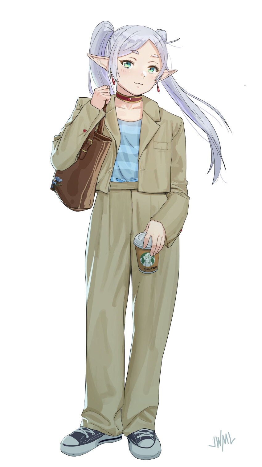 1girl :3 absurdres alternate_costume bag blue_shirt brand_name_imitation brown_jacket brown_pants casual choker closed_mouth contemporary cup disposable_coffee_cup disposable_cup earrings elf floating_earring frieren full_body green_eyes grey_hair highres holding holding_cup jacket jewelry justin_leyva_(steamy_tomato) pants pointy_ears red_choker shirt shoes shoulder_bag simple_background sneakers solo sousou_no_frieren standing starbucks striped_clothes striped_shirt twintails white_background