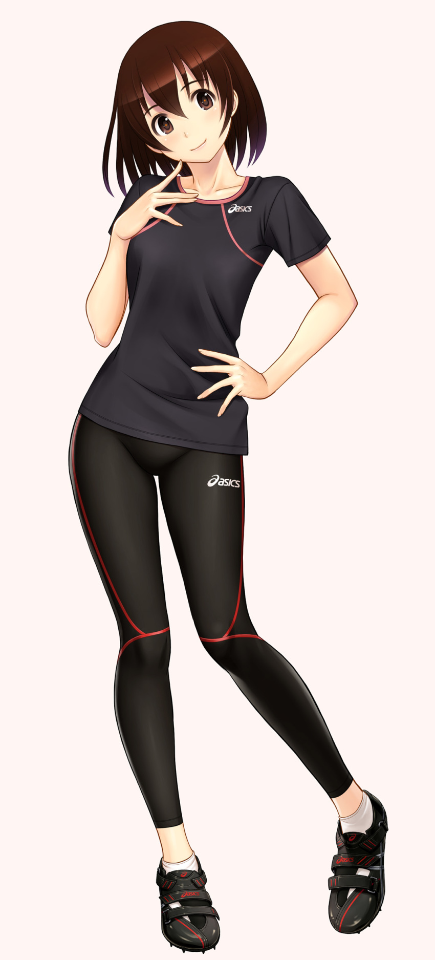 1girl asics breasts brown_eyes brown_hair cleats female_focus highres kuri_(kurigohan) leggings medium_breasts shirt short_hair solo spandex t-shirt track_and_field