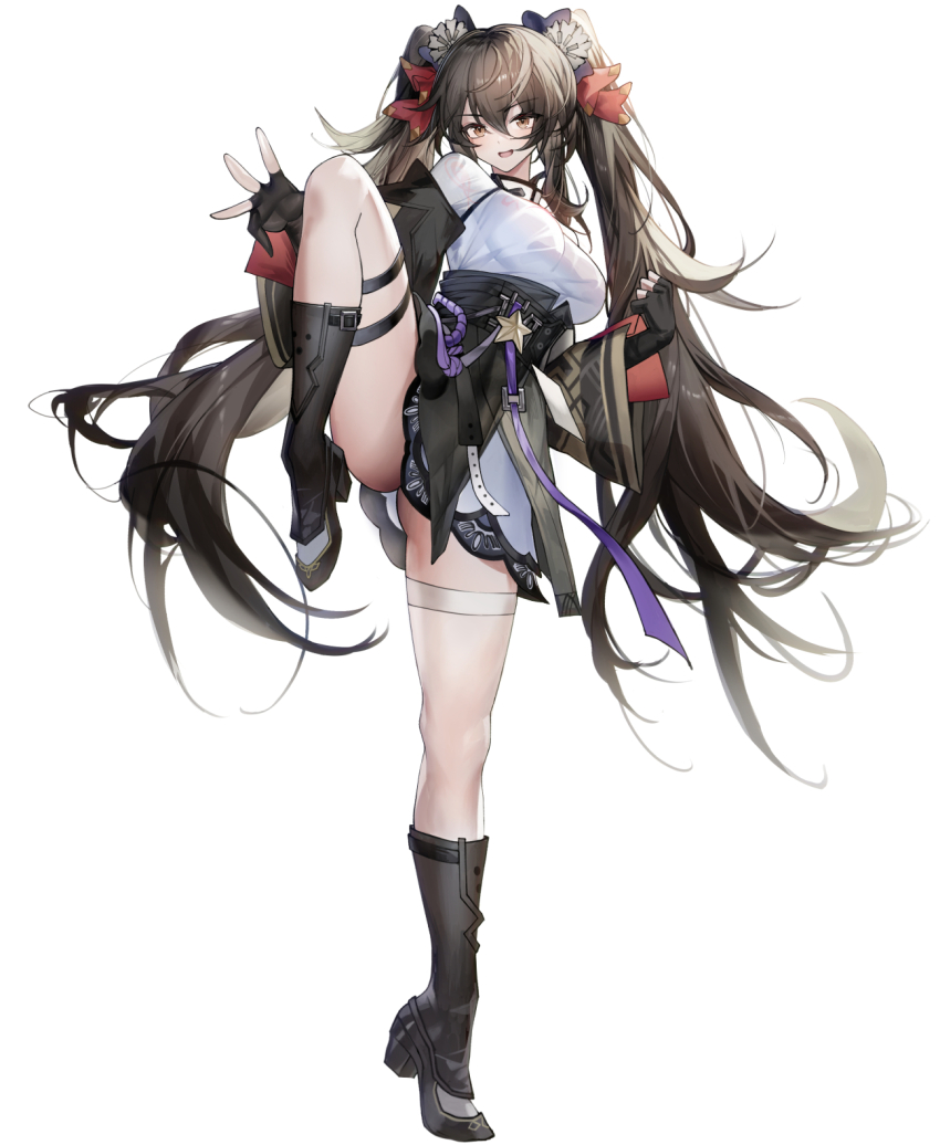 1girl ass black_bow black_footwear black_gloves boots bow breasts brown_eyes brown_hair chinese_clothes chinese_commentary commentary_request fighting_stance flower full_body girls&#039;_frontline girls&#039;_frontline_2:_exilium gloves hair_bow hair_flower hair_ornament henz highres leg_up long_hair open_mouth partially_fingerless_gloves red_bow simple_background single_thighhigh smile solo standing standing_on_one_leg thighhighs twintails type_97_(girls&#039;_frontline) white_background white_flower white_thighhighs