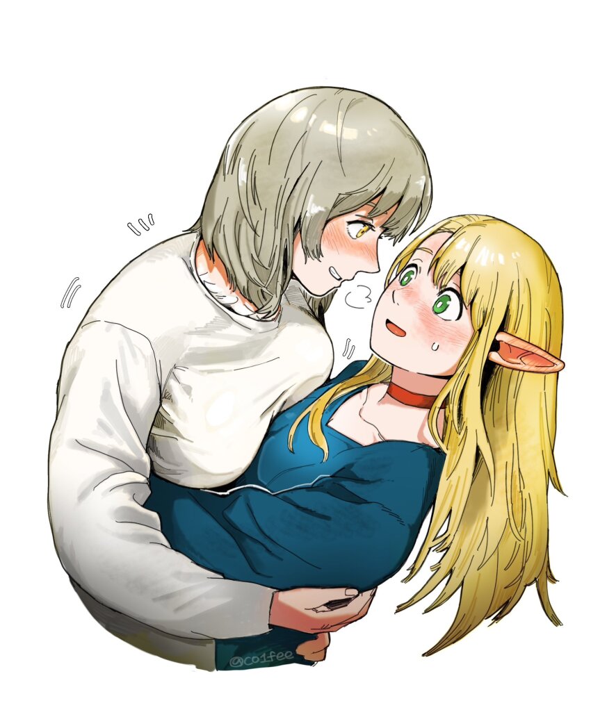 2girls asymmetrical_docking blonde_hair blush breast_press breasts bright_pupils brown_eyes co1fee dungeon_meshi falin_touden green_eyes grin highres hug large_breasts long_sleeves looking_at_another marcille_donato multiple_girls parted_lips pointy_ears short_hair simple_background small_breasts smile teeth white_background white_pupils yuri