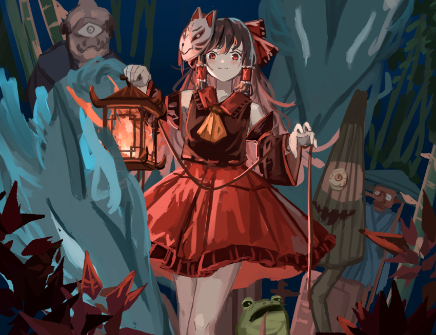 1girl ascot bamboo blush bow claw_pose closed_mouth commentary detached_sleeves english_commentary fox_mask frilled_hair_tubes frills frog hair_bow hair_tubes hakurei_reimu halloween highres holding holding_lantern karakasa_obake lantern looking_at_viewer mask night nontraditional_miko red_bow red_eyes red_skirt red_vest skirt smile solo standing tengu touhou umbrella vanilla_flan vest yellow_ascot