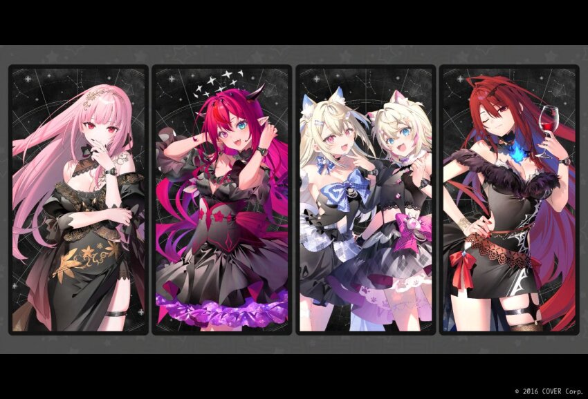 4girls =_hair_ornament adjusting_hair ahoge alternate_costume animal_ear_fluff animal_ears bell_sleeves black_dress black_nails blonde_hair blue_eyes blue_fire blunt_bangs bow bow_choker bow_skirt breasts buttons chest_bow choker cleavage cleavage_cutout clothing_cutout colored_inner_hair column_lineup commentary_request company_name constellation contrapposto copyright_notice corset crop_top crossed_bangs crystal_wings cup dark_background detached_collar dog_ears dog_girl dog_tail double-breasted double-parted_bangs dress drinking_glass elizabeth_rose_bloodflame evening_gown fang fingernails fire fishnet_thighhighs fishnets flat_chest floral_print flower_tattoo frilled_dress frilled_skirt frilled_sleeves frills fur-trimmed_dress fur-trimmed_sleeves fur_choker fur_trim fuwawa_abyssgard gold_trim hair_ornament halo hand_on_own_chin hand_up hands_up head_tilt heterochromia hip_vent holding holding_cup hololive hololive_english horns idol_clothes irys_(hololive) irys_(irys_2.0)_(hololive) lace lace-trimmed_collar lace-trimmed_dress lace-trimmed_sash lace_trim large_breasts layered_skirt long_dress long_hair medium_breasts midriff mococo_abyssgard mori_calliope multicolored_hair multiple_girls off-shoulder_dress off_shoulder official_art one_eye_closed pencil_skirt pink_eyes pink_hair plaid_clothes plaid_skirt pointy_ears puffy_short_sleeves puffy_sleeves purple_hair red_eyes red_hair red_nails riichu short_dress short_hair short_sleeves side_slit sidelocks skin_fang skirt skirt_set smile star_(symbol) star_halo star_print stroking_own_chin tail tattoo thigh_strap thighhighs tight_clothes tight_dress v virtual_youtuber watch wine_glass wristwatch x_hair_ornament