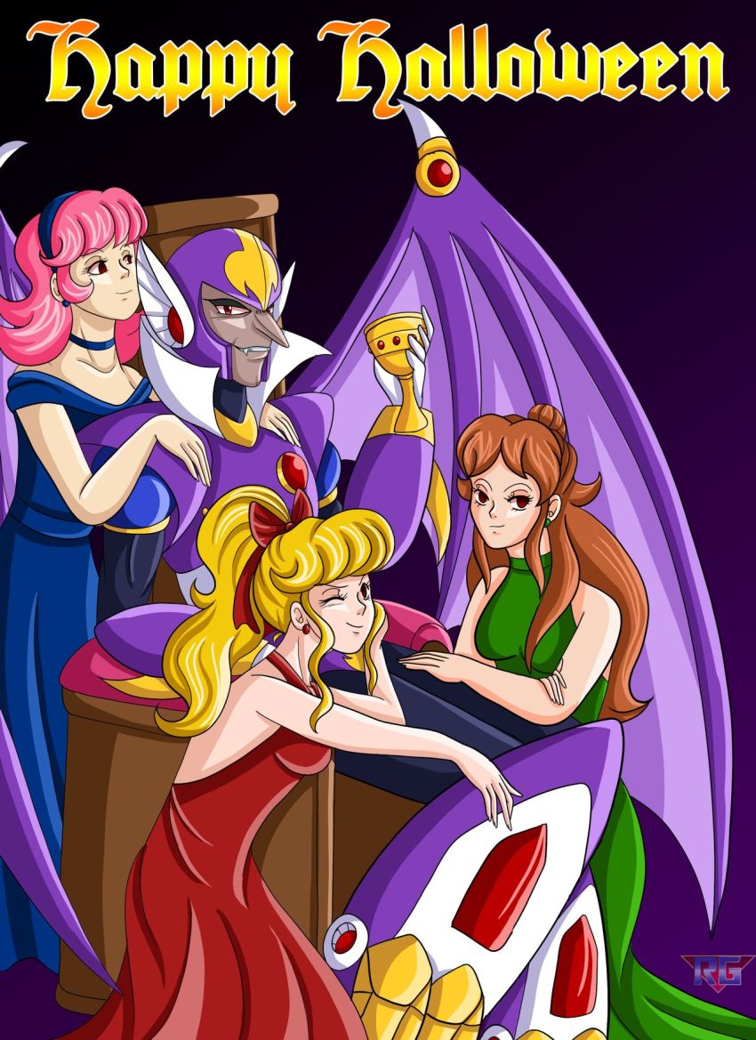 1boy 3girls archie_comics blonde_hair breasts brown_hair capcom cup dress evil_grin evil_smile fangs green_dress grin happy_halloween helmet highres long_hair looking_at_viewer multiple_girls no_humans pink_hair plum_(mega_man) quake_woman red_dress red_eyes robot robot_girl mega_man_(series) mega_man_(classic) mega_man_7 mega_man:_battle_&amp;_chase roll_(mega_man) shade_man smile wings wink