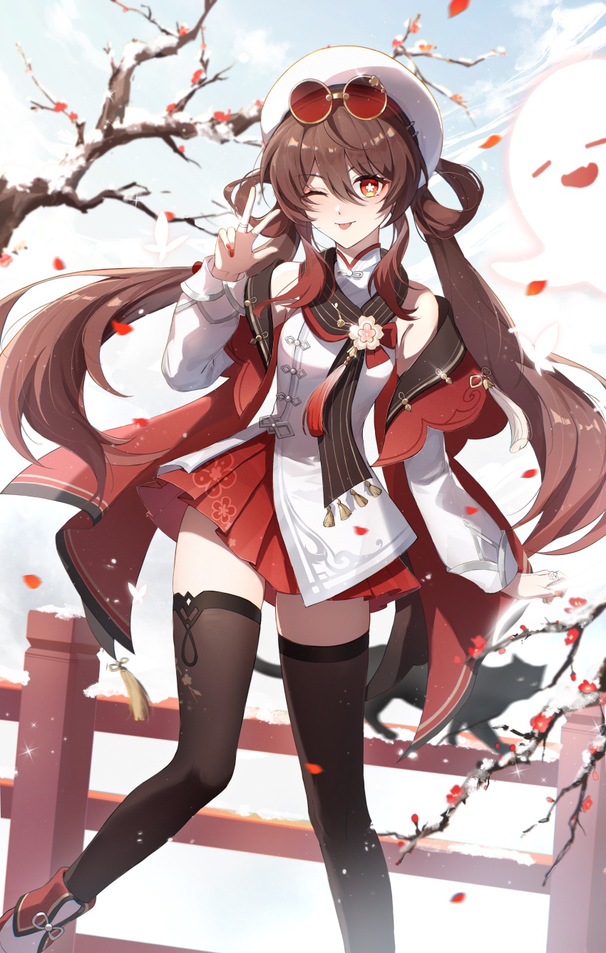 1girl ;p absurdres bare_shoulders black_thighhighs boo_tao_(genshin_impact) brown_hair chinese_clothes eyewear_on_head falling_petals flower flower-shaped_pupils genshin_impact ghost hair_between_eyes hair_rings hat highres hu_tao_(cherries_snow-laden)_(genshin_impact) hu_tao_(genshin_impact) long_hair long_sleeves looking_at_viewer nail_polish off_shoulder official_alternate_costume official_alternate_hairstyle one_eye_closed outdoors petals pleated_skirt plum_blossoms red_eyes red_skirt shirt sidelocks skirt sky smile snow solo standing sunglasses symbol-shaped_pupils thighhighs tinted_eyewear tongue tongue_out tree twintails v white_shirt yimi_(jwee7342) zettai_ryouiki