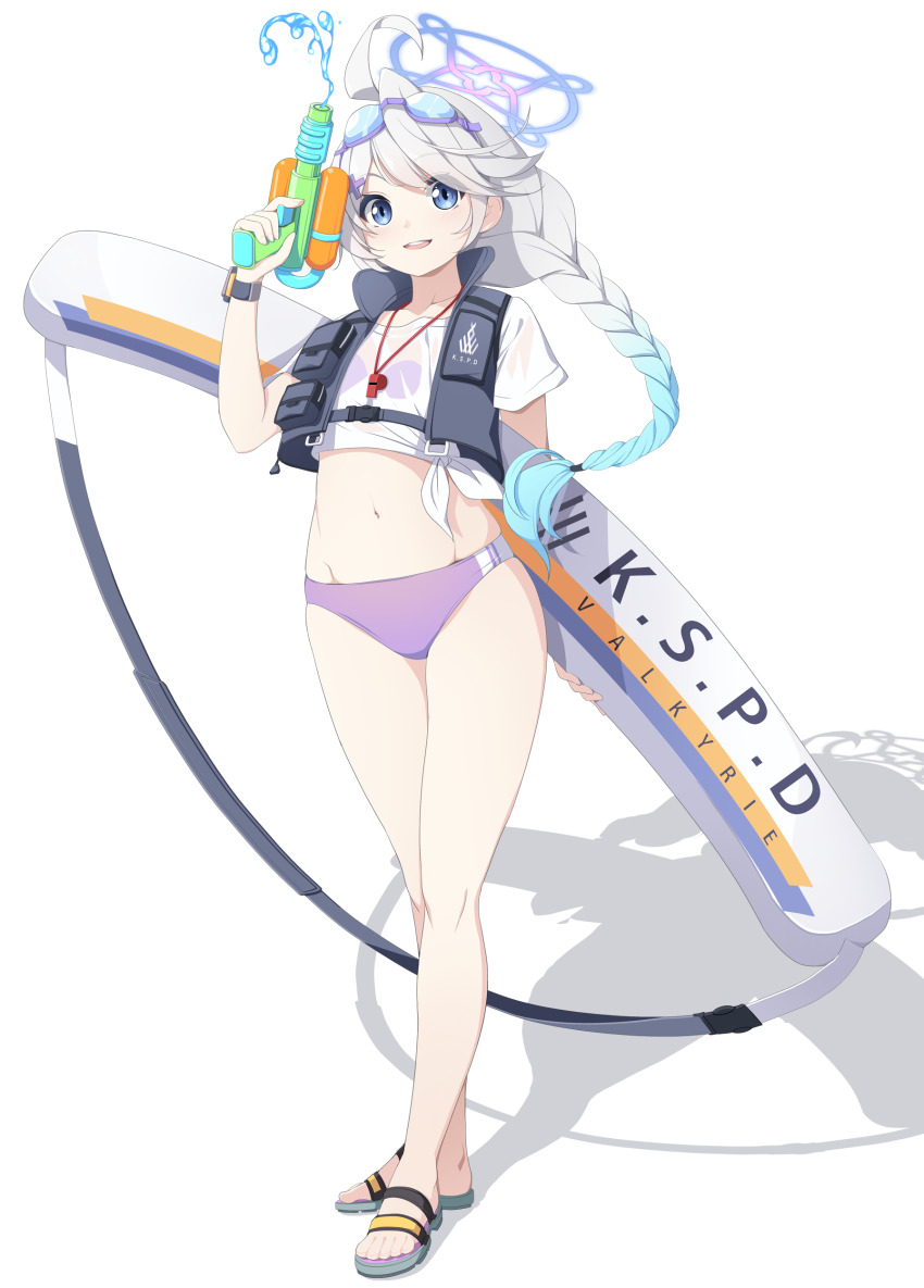 1girl absurdres ahoge bikini bikini_under_clothes black_vest blue_archive blue_eyes blue_halo blush braid eyewear_on_head full_body grey_hair halo highres holding holding_water_gun kirino_(blue_archive) kirino_(swimsuit)_(blue_archive) koflif long_hair looking_at_viewer navel official_alternate_costume open_clothes open_mouth open_vest purple_bikini sandals shirt short_sleeves simple_background single_braid smile solo swimsuit toes vest water_gun whistle whistle_around_neck white_background white_shirt