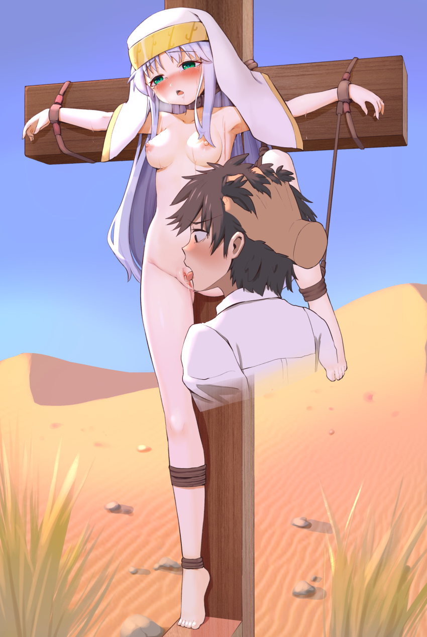 1girl 2boys absurdres bdsm bondage bound breasts cross crucifixion cunnilingus desert grass green_eyes habit highres index_(toaru_majutsu_no_index) licking long_hair medium_breasts multiple_boys forced_partners muzi nude oral outdoors purple_hair pussy pussy_juice rape sand toaru_majutsu_no_index