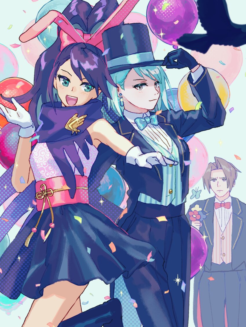 1boy 2girls :d absurdres ace_attorney ace_attorney_investigations alternate_costume animal_ears bad_tag badge black_gloves black_hair black_jacket black_pants blue_bow blue_bowtie blue_hair bow bowtie closed_mouth dress earrings expressionless fake_animal_ears flower formal franziska_von_karma gloves green_eyes grey_eyes grey_hair hat highres holding holding_flower jacket japanese_clothes jewelry kay_faraday light_blue_hair long_sleeves miles_edgeworth multiple_girls open_mouth oshaberi_usagi pants ponytail rabbit_ears scarf short_hair sleeveless smile striped_clothes striped_vest suit top_hat vertical-striped_clothes vertical-striped_vest vest white_gloves