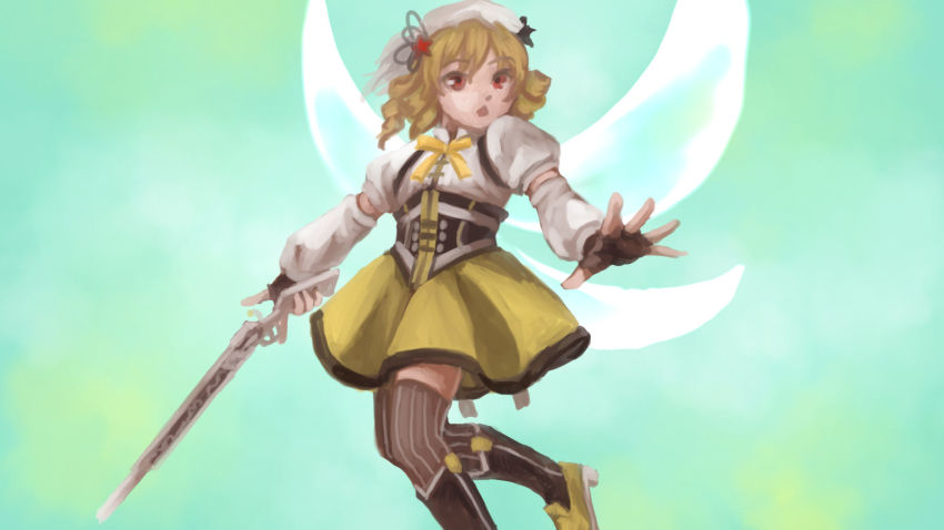 1girl beret black_pantyhose blonde_hair boots brown_thighhighs corset crossover detached_sleeves drill_hair fairy fairy_wings fingerless_gloves gloves gun hair_ornament hairpin hat highres kawahagi_modoki luna_child magical_girl magical_musket mahou_shoujo_madoka_magica mahou_shoujo_madoka_magica_(anime) pantyhose pleated_skirt puffy_sleeves school_uniform short_twintails skirt striped_clothes striped_pantyhose striped_thighhighs thighhighs tomoe_mami tomoe_mami_(magical_girl) touhou twin_drills twintails vertical-striped_clothes vertical-striped_thighhighs weapon wings witch_(madoka_magica) yellow_eyes zettai_ryouiki