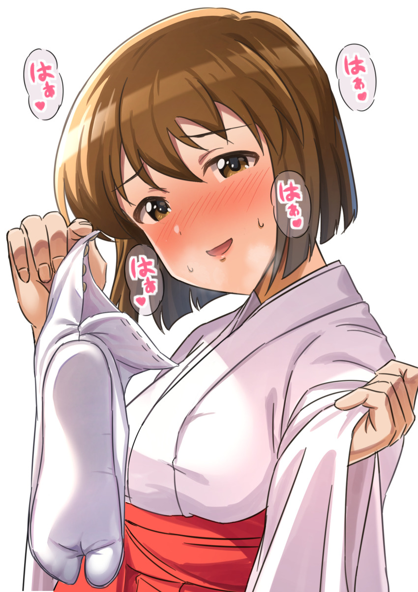 1girl absurdres blunt_ends blush breasts brown_eyes brown_hair dot_nose from_side hagiwara_yukiho heart highres holding_sock idolmaster idolmaster_million_live! idolmaster_million_live!_theater_days japanese_clothes kimono large_breasts long_sleeves looking_at_viewer miko nose_blush open_mouth seductive_smile short_hair simple_background smile socks solo speech_bubble sweat tabi takatsuki_p unworn_socks upper_body white_background white_socks wide_sleeves