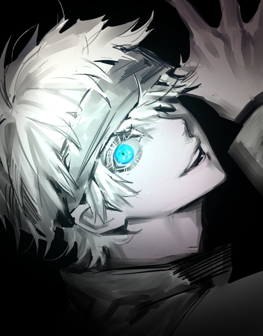 1boy black_background black_blindfold black_jacket blindfold blindfold_lift blue_eyes colored_eyelashes glowing glowing_eyes gojou_satoru hand_up highres jacket jujutsu_kaisen long_sleeves looking_at_viewer male_focus open_mouth pobbbpsa short_hair simple_background upper_body white_hair