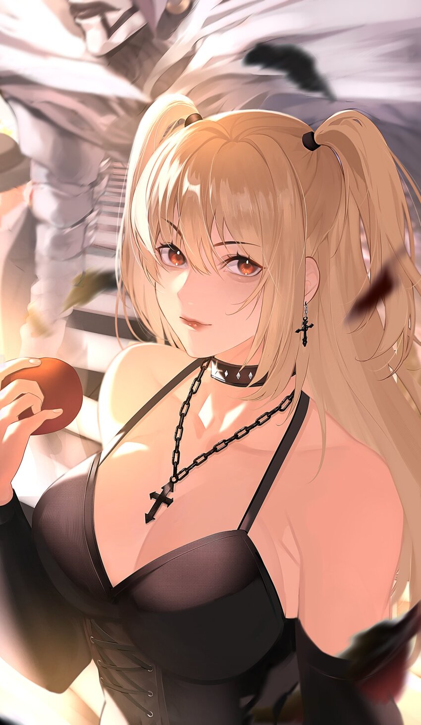 2girls amane_misa apple black_dress black_sleeves breasts chain chain_necklace cleavage closed_mouth cross cross_earrings cross_necklace death_note detached_sleeves dress earrings food fruit highres holding holding_food holding_fruit jewelry lace-up large_breasts looking_at_viewer multiple_girls necklace nixiedus red_eyes rem_(death_note) sleeveless sleeveless_dress solo_focus two_side_up upper_body