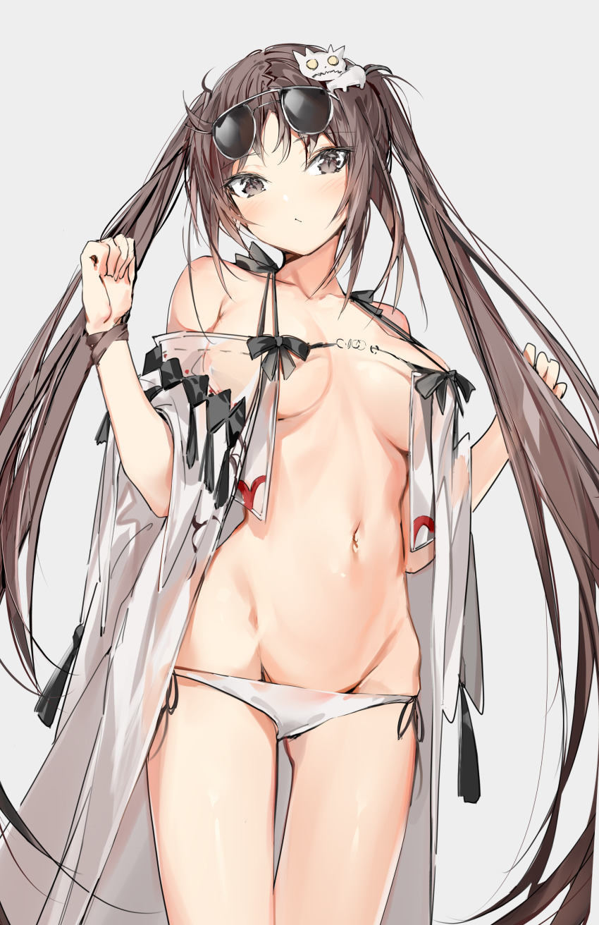 1girl absurdres akuta_hinako bare_shoulders bikini blush breasts brown_eyes brown_hair collarbone commentary_request eyewear_on_head fate/grand_order fate_(series) grey_background groin hair_ornament hands_up highres long_hair looking_at_viewer lowleg lowleg_bikini medium_breasts navel revealing_clothes see-through_clothes side-tie_bikini_bottom silver_(chenwen) solo stomach sunglasses swimsuit thighs twintails very_long_hair yu_mei-ren_(fate) yu_mei-ren_(swimsuit_lancer)_(fate)