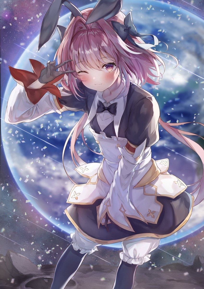 1boy astolfo_(fate) astolfo_(saber)_(fate) astolfo_(saber)_(third_ascension)_(fate) black_bow black_bowtie black_dress black_gloves black_legwear black_ribbon bloomers blush bow bowtie dress earth_(planet) fate/grand_order fate_(series) gloves hair_between_eyes hair_bow hair_intakes hair_ribbon highres juliet_sleeves layered_skirt long_hair long_sleeves looking_at_viewer low_twintails male_focus mochi_nabe multicolored_hair one_eye_closed pink_hair planet puffy_sleeves purple_eyes ribbon skirt smile snowing solo streaked_hair trap twintails underwear v white_hair white_skirt wide_sleeves wing_collar