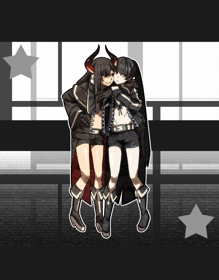 2girls annoyed belt black_coat black_footwear black_gold_saw black_hair black_rock_shooter black_rock_shooter_(character) black_shorts blue_eyes boots coat highres horns long_hair multiple_girls namaename open_clothes open_coat pale_skin red_eyes red_horns shorts skeletal_hand star_(symbol) twintails