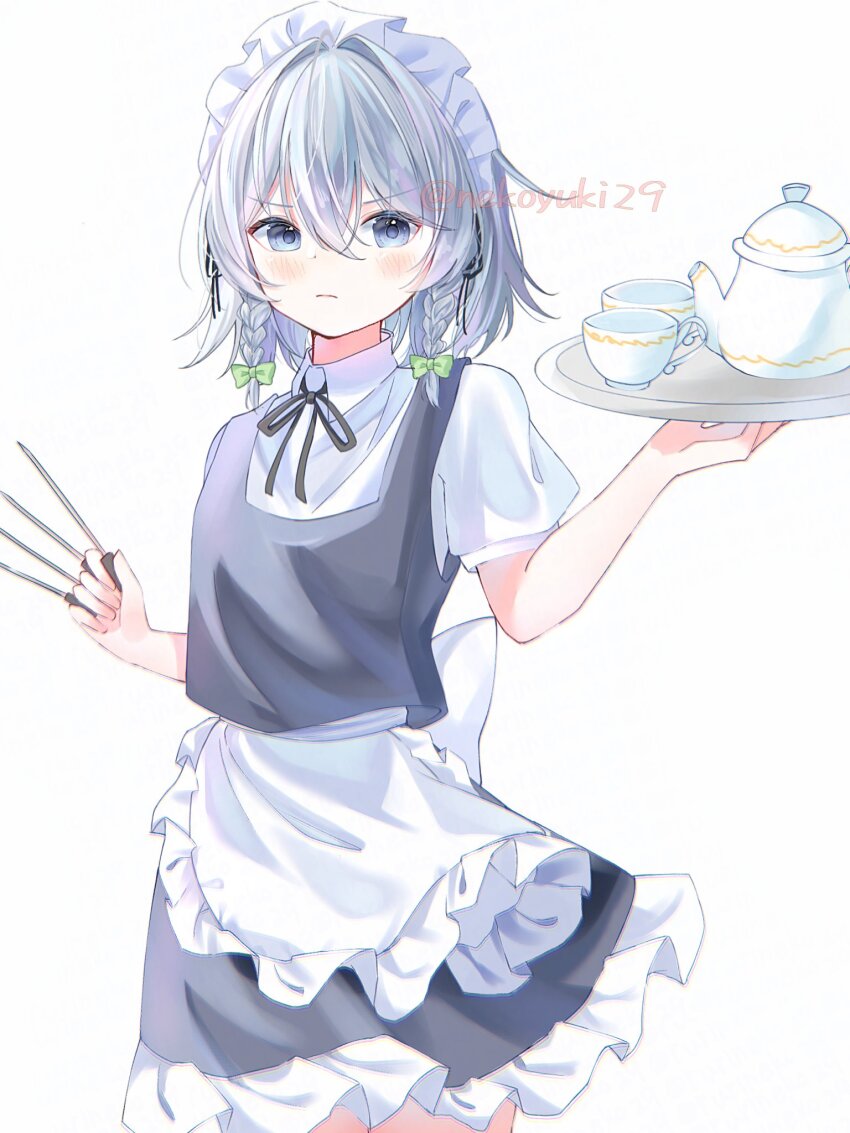 1girl apron between_fingers blue_eyes blush bow braid closed_mouth commentary cup frilled_skirt frills green_bow grey_hair hair_bow highres holding holding_knife holding_tray izayoi_sakuya knife knives_between_fingers looking_at_viewer maid maid_headdress neck_ribbon nekoyuki29 puffy_short_sleeves puffy_sleeves ribbon short_sleeves skirt solo teacup teapot touhou tray twin_braids twitter_username waist_apron