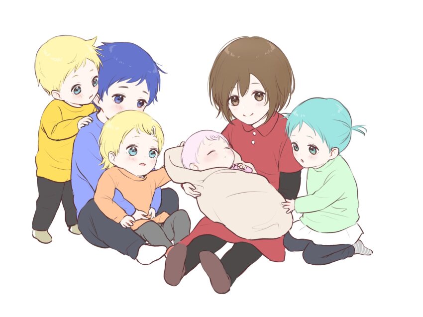 2boys 4girls :o aged_down baby black_pants blanket blonde_hair blue_eyes blue_hair blue_sweater blush brown_eyes brown_hair brown_socks carrying carrying_person closed_eyes commentary green_eyes green_hair green_shirt grey_pants grey_socks hair_ornament hairclip hariikei hatsune_miku highres hug hug_from_behind kagamine_len kagamine_rin kaito_(vocaloid) looking_at_another megurine_luka meiko_(vocaloid) multiple_boys multiple_girls open_mouth orange_shirt pants pink_hair pink_shirt seiza shirt short_hair simple_background sitting sleeping smile socks spiked_hair standing sweater vocaloid white_background white_socks yellow_sweater