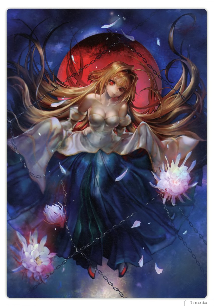 00s 1girl absurdres archetype_earth arcueid_brunestud bare_shoulders blonde_hair breasts chain detached_sleeves dress female_focus flower full_moon highres long_hair medium_breasts moon red_eyes red_moon skirt_hold solo spider_lily strapless strapless_dress tomatika tsukihime type-moon very_long_hair