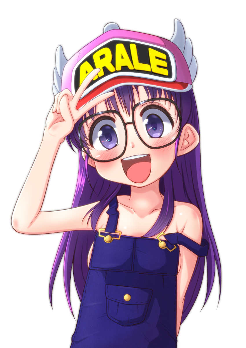 1girl :d black-framed_eyewear blush breasts character_name collarbone dr._slump female_focus glasses hat highres long_hair looking_at_viewer mary_takanashi no_bra norimaki_arale open_mouth overalls purple_eyes purple_hair simple_background small_breasts smile solo strap_slip tareme v white_background winged_hat