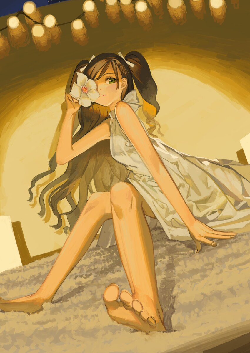 1girl barefoot brown_hair covering_one_eye dress expressionless flower from_below full_body green_eyes highres holding holding_flower idolmaster idolmaster_cinderella_girls long_hair looking_at_viewer nonomura_sora sakuraop sitting solo toes two_side_up white_dress yellow_theme