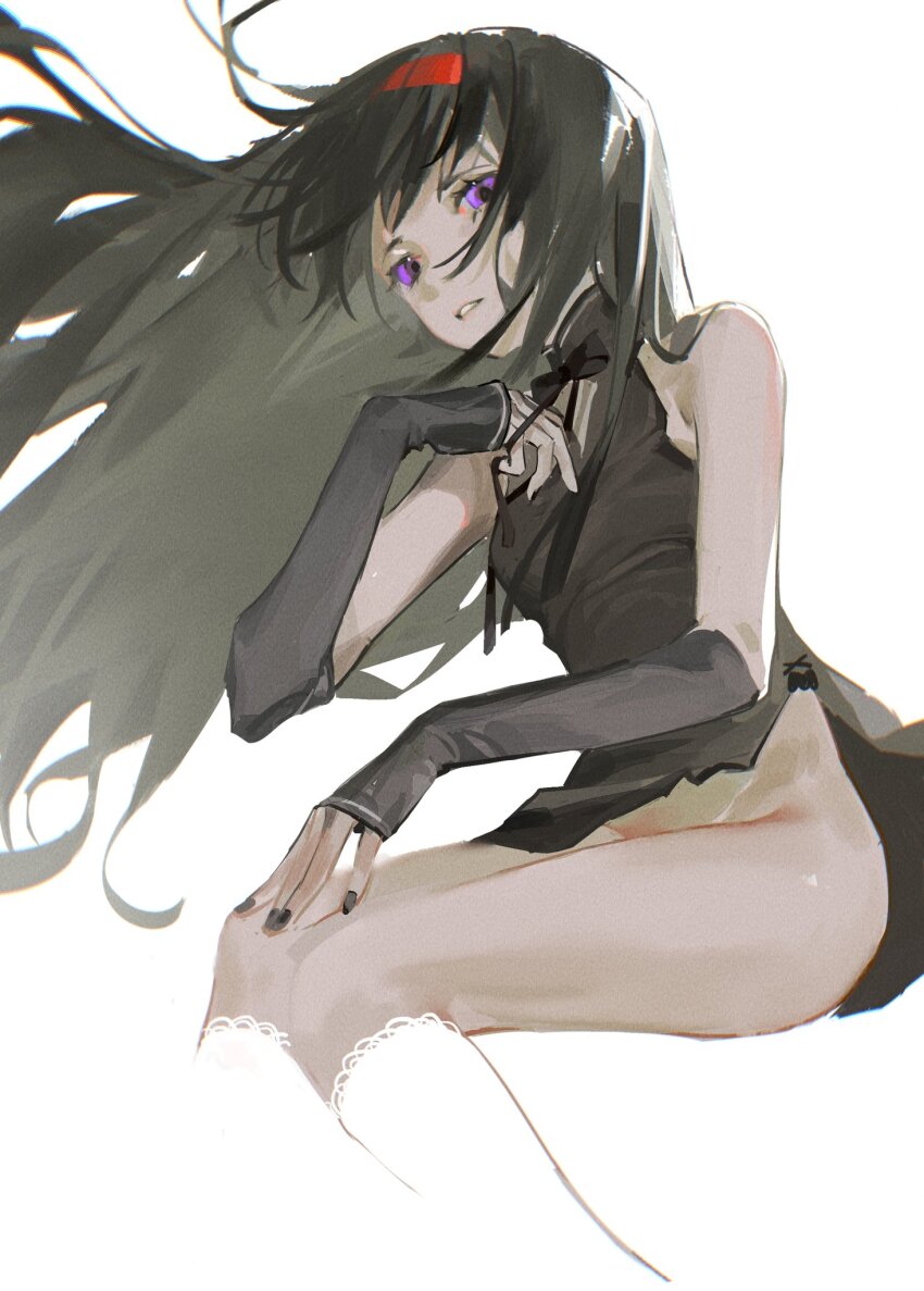 1girl akemi_homura baifeidaiwang bare_shoulders black_bow black_bowtie black_dress black_hair black_nails black_sleeves bow bowtie breasts detached_sleeves dress female_focus hairband half-closed_eyes hand_on_own_knee hand_up highres invisible_chair kneehighs knees_together_feet_apart legs long_hair looking_at_viewer mahou_shoujo_madoka_magica mahou_shoujo_madoka_magica_(anime) nail_polish no_panties parted_lips purple_eyes red_hairband short_dress side_slit sidelocks sitting sleeveless sleeveless_dress small_breasts socks solo teeth thighs white_socks wind