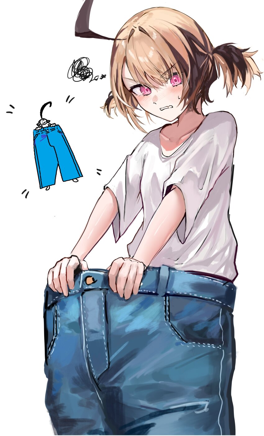 1girl absurdres blush denim fang gigi_murin highres hololive hololive_english jeans multicolored_hair oversized_clothes pants shirt short_hair simple_background solo virtual_youtuber white_background white_shirt xue_lian_wa_noel