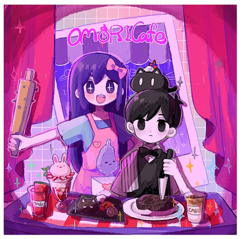 +_+ 1boy 1girl apron aubrey_(headspace)_(omori) aubrey_(omori) black_eyes black_hair blush bow cat closed_mouth colored_skin expressionless food forest_bunny_(omori) hair_bow highres holding holding_knife knife looking_at_viewer mewo mugi062 omori omori_(omori) open_mouth pink_apron pink_bow plate purple_eyes purple_hair smile steak teeth upper_teeth_only white_skin