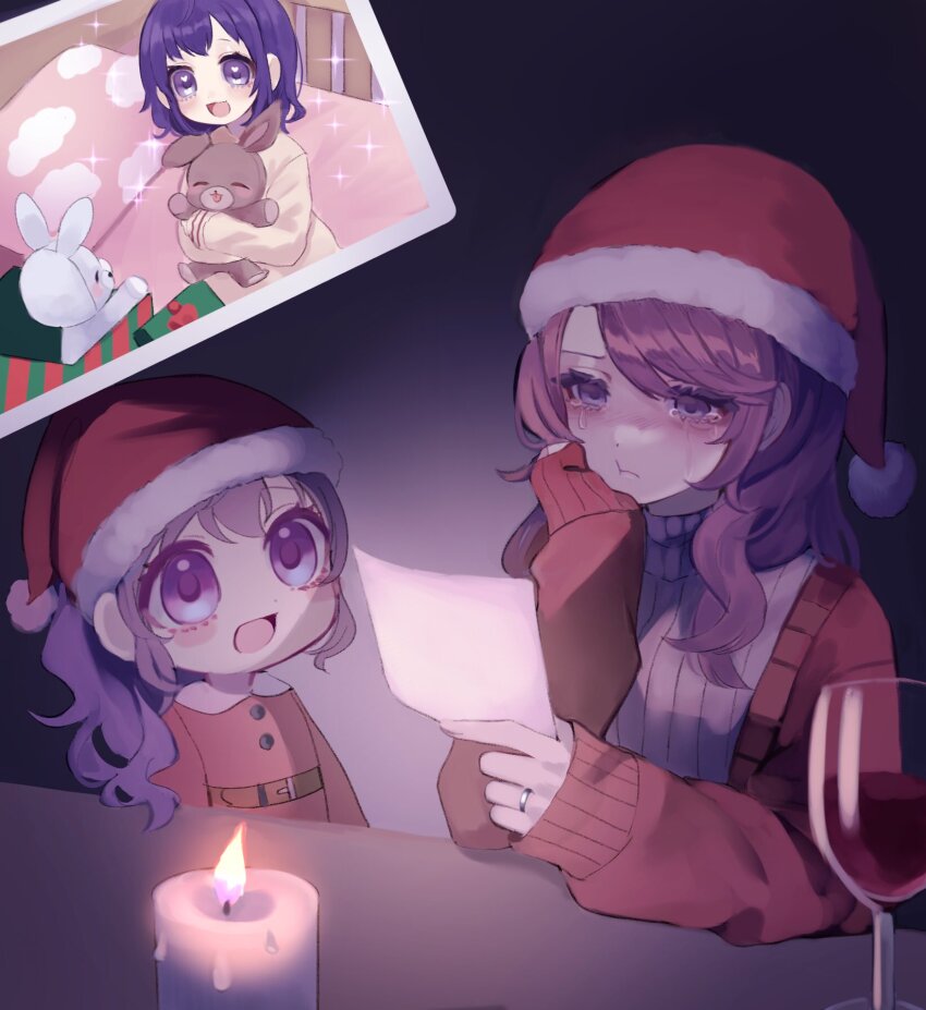 2girls asahina_mafuyu asahina_mafuyu&#039;s_mother blush buttons candle candlelight cardigan christmas closed_mouth collared_dress commentary_request crying crying_with_eyes_open dress empty_eyes fur-trimmed_headwear fur_trim grey_sweater hand_on_own_cheek hand_on_own_face hand_up hat highres holding holding_photo indoors jewelry jishou_210 long_hair long_sleeves looking_at_another looking_at_object mother_and_daughter multiple_girls open_cardigan open_clothes open_mouth photo_(object) ponytail project_sekai purple_eyes purple_hair red_cardigan red_dress red_hat ribbed_sweater ring sad santa_hat sleeves_past_wrists sparkle sweater table tears tongue turtleneck turtleneck_sweater upper_body