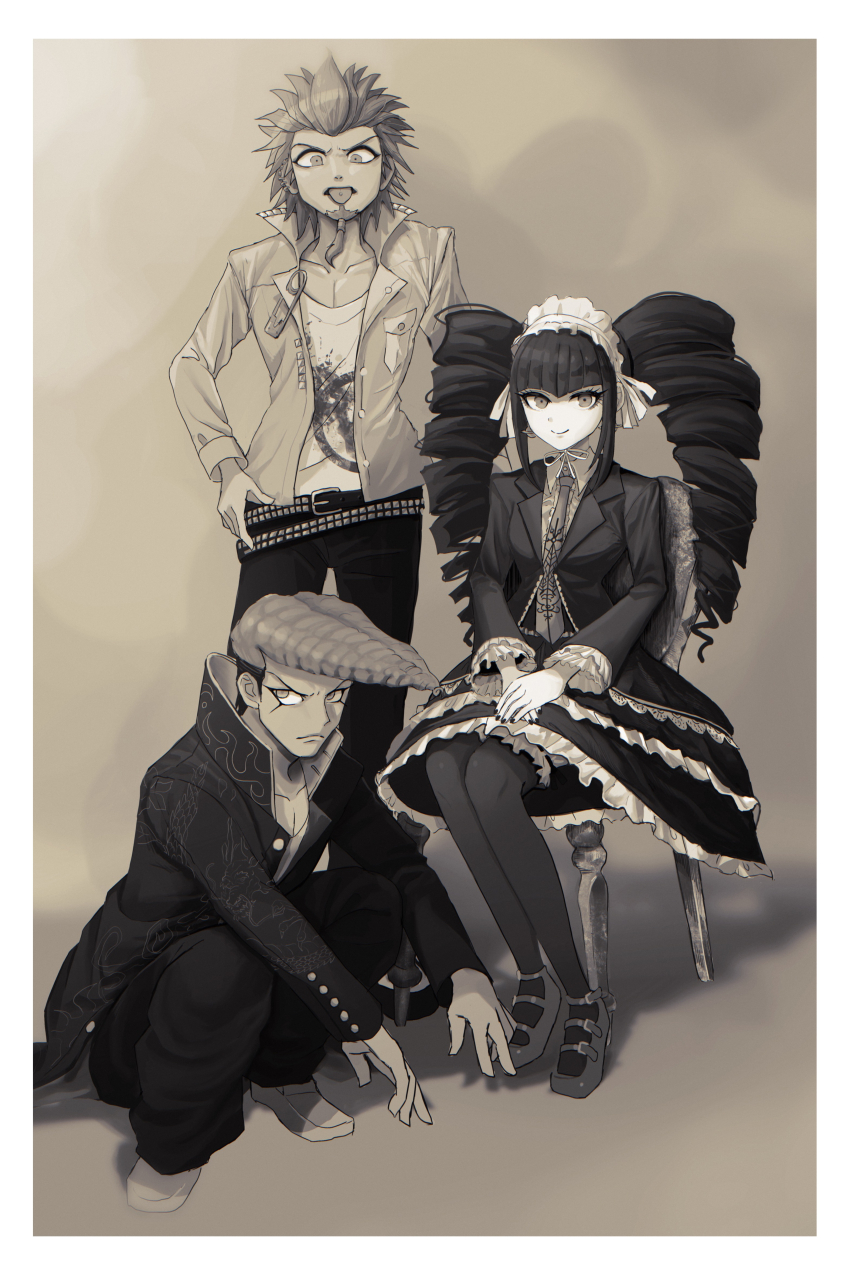 1girl 2boys absurdres black_hair black_jacket black_pants black_skirt black_thighhighs celestia_ludenberg chair collared_shirt danganronpa:_trigger_happy_havoc danganronpa_(series) frilled_skirt frills headdress highres jacket kuwata_leon layered_skirt long_hair long_sleeves multiple_boys necktie open_clothes open_jacket owada_mondo pants rebanira_kaisan shirt shoes sitting skirt smile thighhighs twintails white_shirt