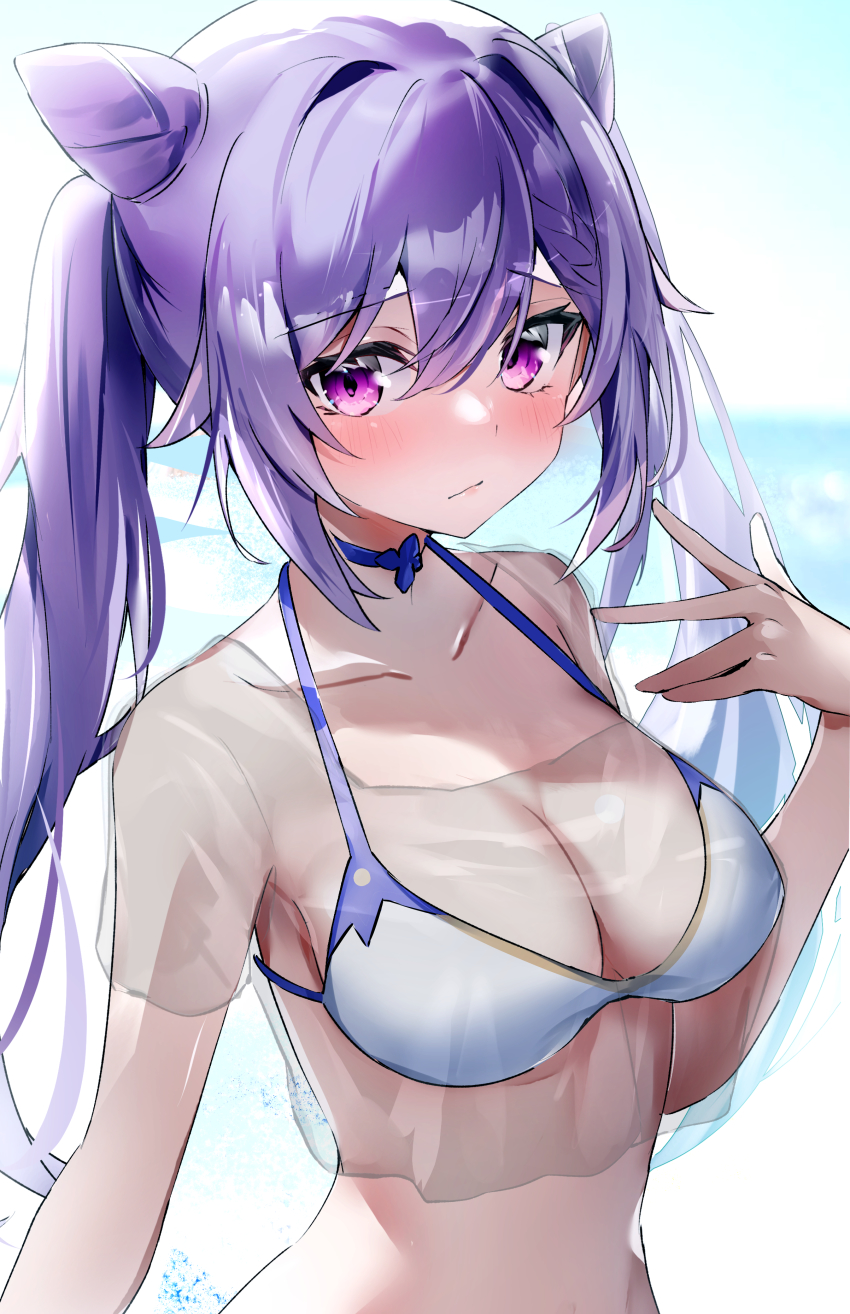 1girl :/ absurdres alternate_costume armpits bad_id bad_twitter_id bikini bikini_under_clothes blue_choker blush breasts choker cleavage collarbone cone_hair_bun double_bun genshin_impact hair_between_eyes hair_bun hand_up highres keqing_(genshin_impact) long_hair looking_at_viewer medium_breasts midriff multicolored_bikini multicolored_clothes nanashinayuzu_mochi no_navel purple_bikini purple_eyes purple_hair see-through_clothes see-through_shirt solo standing stomach swimsuit twintails wet white_bikini