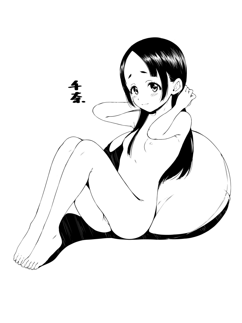 1girl barefoot blush breasts commentary_request completely_nude cushion gakuen_idolmaster hamao highres idolmaster kuramoto_china long_hair monochrome nipples nude sitting small_breasts smile solo toes