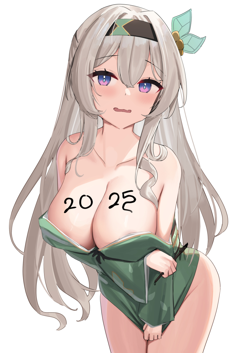 1girl 2025 bare_shoulders black_hairband blush breasts collarbone commentary dress english_commentary firefly_(honkai:_star_rail) green_dress grey_hair hairband highres holding holding_pen honkai:_star_rail honkai_(series) large_breasts long_hair looking_at_viewer mixed-language_commentary pen purple_eyes simple_background skai_kun solo white_background