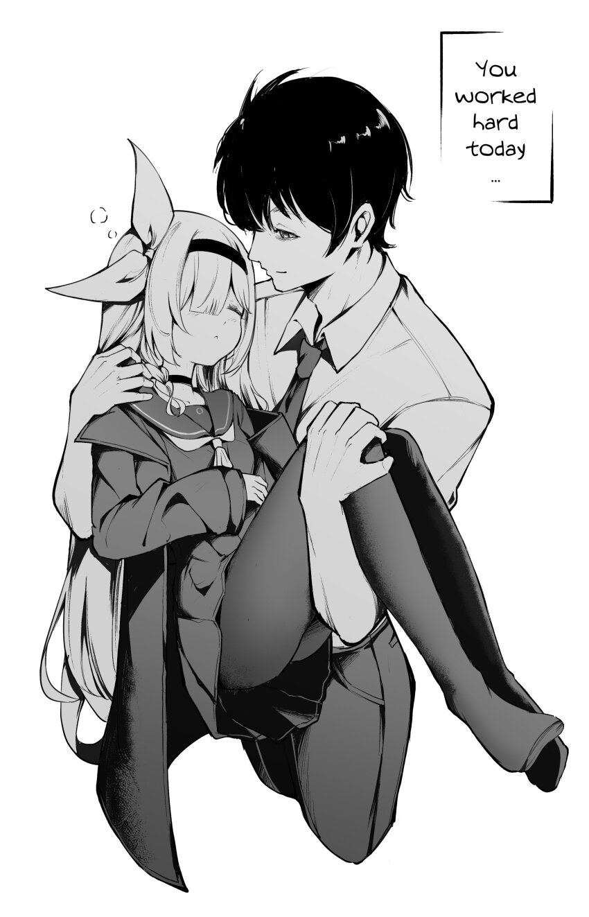 1boy 1girl absurdres blue_archive bow carrying carrying_person clover_dot_(clov_erd) coat commentary cropped_legs english_text greyscale hair_bow hairband highres light_smile long_sleeves monochrome necktie open_clothes open_coat pantyhose plana_(blue_archive) princess_carry school_uniform sensei_(blue_archive) serafuku shirt simple_background sleeping smile three_quarter_view white_background