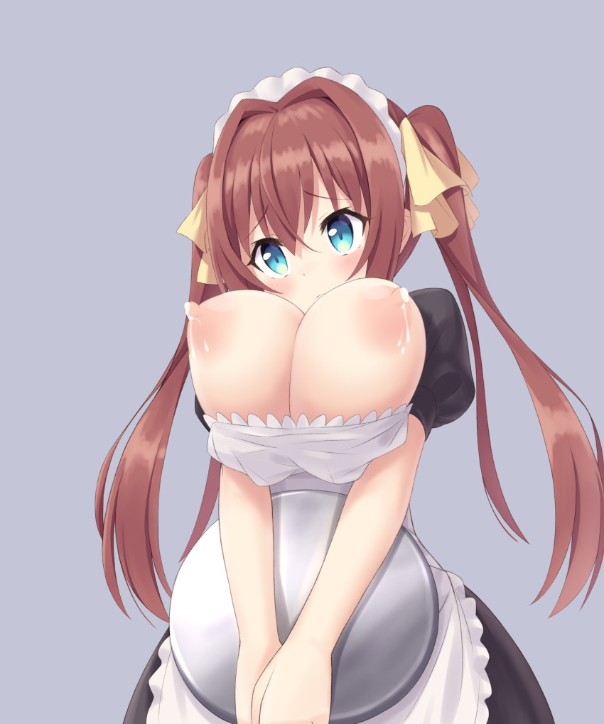 1girl :o apron aqua_eyes black_dress bow breasts brown_hair cleavage croodle dress grey_background hair_bow highres holding holding_tray lactation large_breasts maid maid_apron maid_headdress nipples no_bra open_mouth original puffy_sleeves short_sleeves simple_background solo teeth topless tray twintails underboob upper_teeth_only yellow_bow