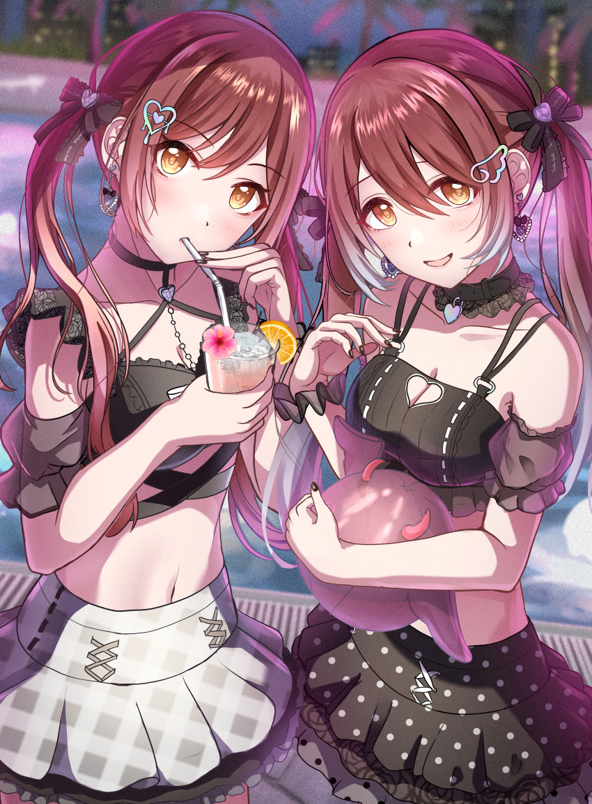 2girls absurdres bendy_straw bikini bikini_skirt black_choker black_nails blush breasts choker citrusmikan cleavage collarbone cup debi_tarou drink drinking drinking_glass drinking_straw drinking_straw_in_mouth earrings food fruit hair_ornament hair_ribbon heart heart_hair_ornament highres holding holding_drink idolmaster idolmaster_shiny_colors jewelry long_hair looking_at_viewer medium_breasts multiple_girls nail_polish navel official_alternate_costume official_alternate_hairstyle open_mouth orange_(fruit) orange_slice osaki_amana osaki_tenka red_hair ribbon siblings sisters smile standing swept_bangs swimsuit tropical_drink twins twintails yellow_eyes