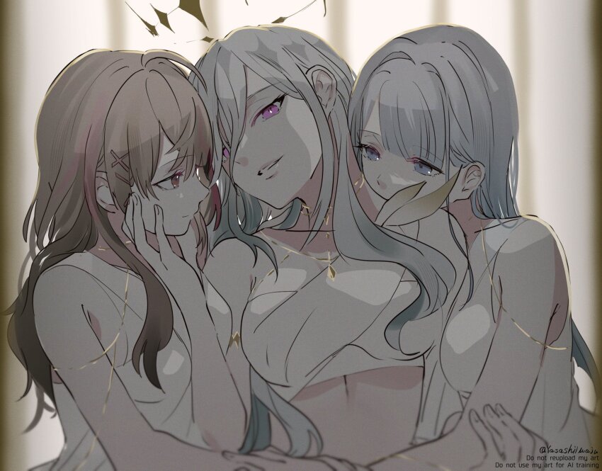 3girls blue_eyes brown_eyes brown_hair character_request closed_mouth commentary_request dress girl_sandwich grey_hair halo hand_on_another&#039;s_arm hand_on_another&#039;s_face highres kiss kissing_neck long_hair looking_at_viewer multiple_girls parted_lips purple_eyes sandwiched smile towa_tsugai twitter_username white_dress yasashiimaju yuri