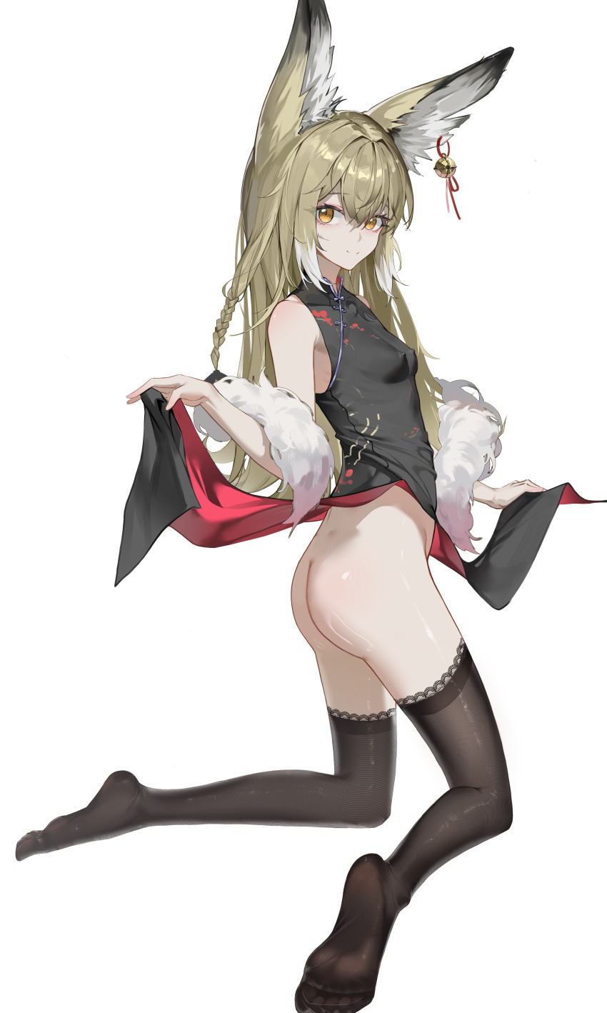 1girl absurdres animal_ear_fluff animal_ears arknights ass bare_legs barefoot black_dress black_thighhighs blonde_hair breasts china_dress chinese_clothes chinese_commentary commentary_request dress ear_bell feet fox_ears fox_girl highres huade_xiami large_variant_set leg_ribbon looking_at_viewer no_panties no_tail ribbon simple_background small_breasts smile soles solo tail thighhighs toes variant_set vulpisfoglia_(arknights) white_background yellow_eyes